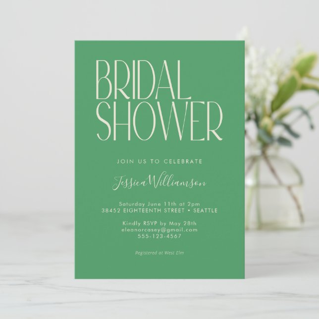 Retro Typography Kelly Green Trendy Bridal Shower Invitation (Standing Front)