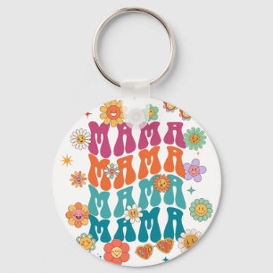 Retro typography Mama Mama Floral Smiley Face Keychain