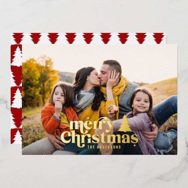 Retro typography modern full photo foil holiday card (Front/Back)