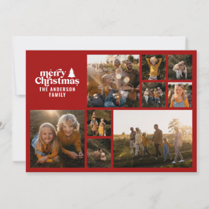 Retro typography modern minimal red multi photo holiday card