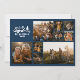 Retro typography modern Navy Blue multi photo Holiday Card