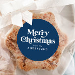 Retro Typography Navy Blue Merry Christmas Classic Round Sticker<br><div class="desc">Simple Christmas stickers featuring "Merry Christmas" displayed in white retro-style lettering with a navy blue background. Personalize the navy blue Christmas stickers with your name or custom text. The stylish holiday stickers are perfect to use for envelope seals, gift wrapping, party favours, and more! Designed to coordinate with our Retro...</div>