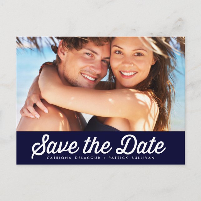RETRO TYPOGRAPHY | NAVY SAVE THE DATE POSTCARD (Front)