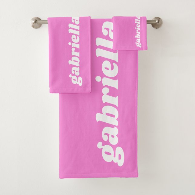 Retro Typography Personalized Name | Bright Pink Bath Towel Set (Insitu)