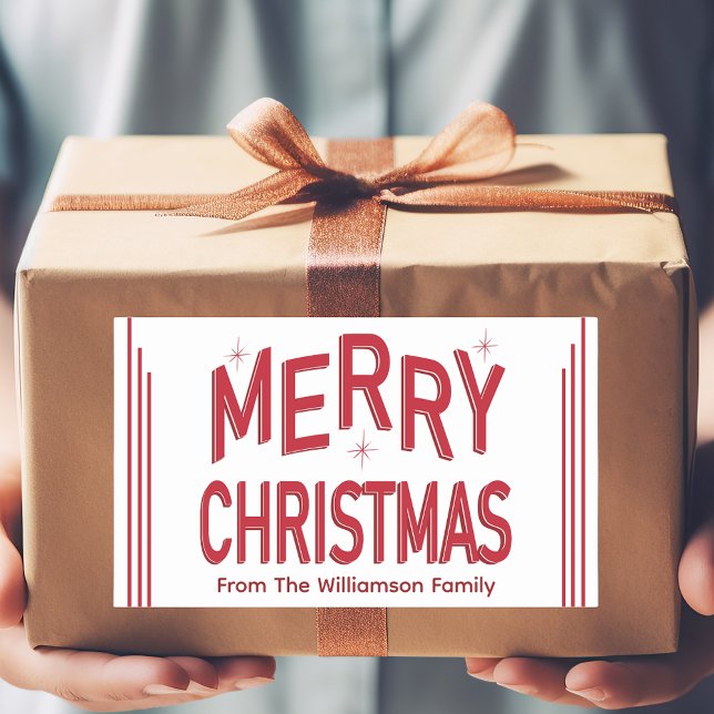 Retro Typography Red Merry Christmas  Sticker (Modern Retro Red Merry Christmas sticker label. Attach to gifts, food wrapping, envelopes and more. )
