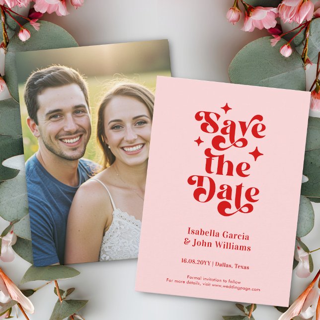 Retro Typography Wedding Save The Date Announcement (Front and back of a 4.5 x 6.25 inches card is shown. Choose size, corner and paper style.)