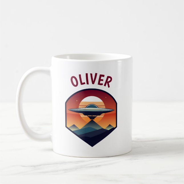Retro UFO at Sunset Personalized Coffee Mug (Left)