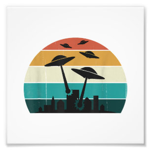 Retro UFO Attack Sunset - Cool Vintage Flying Sauc Photo Print