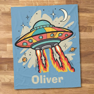 Retro UFO Flying Saucer Alien Spaceship Fleece Blanket