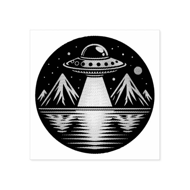 Retro UFO in the Mountains Reflecting in the Water Rubber Stamp (Imprint)