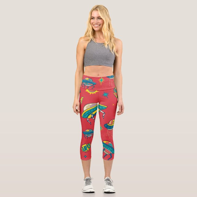 Retro UFO Space Invaders Capri Leggings (Front)