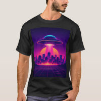 Retro UFO Sunset Poster – Neon Vaporwave Sci-Fi 