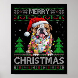 Retro Ugly Xmas Sweater Style Santa Bulldog Dog Ch Poster