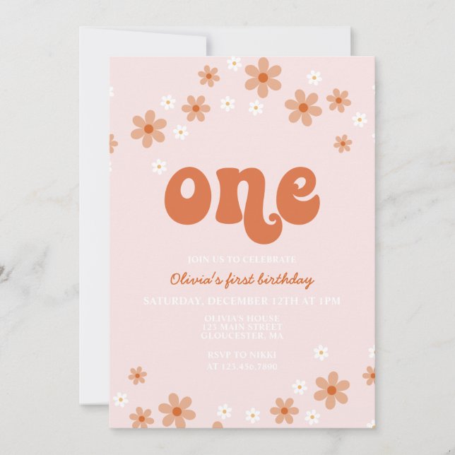 Rétro une daisy boho première invitation d'anniver (Devant)