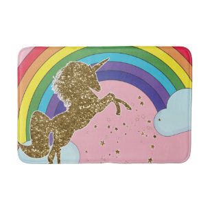 Retro Unicorn Rainbow & Gold Stars Girls Bath Mat