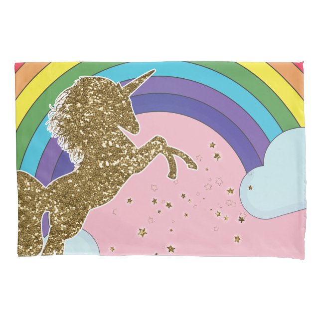 Retro Unicorn Rainbow & Gold Stars Pillowcase (Front)