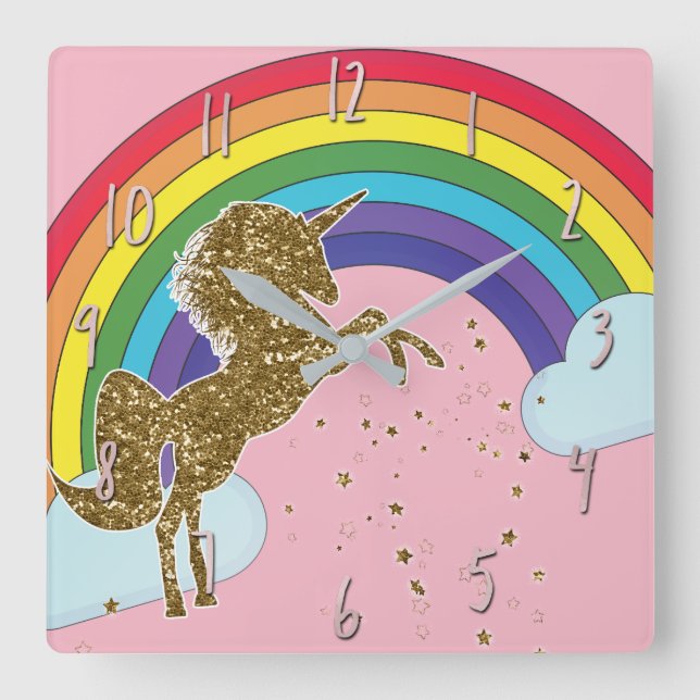 Retro Unicorn Rainbow & Gold Stars Square Wall Clock (Front)