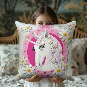 Retro Unicorns and Daisies Pattern on Blue Throw Pillow