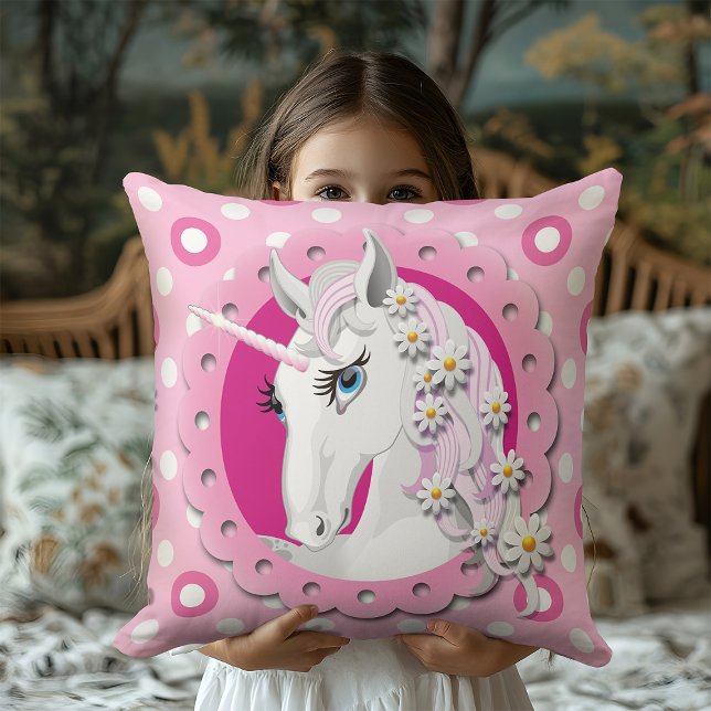 Retro Unicorns and Daisies Pattern on Pink Throw Pillow (Creator Uploaded)
