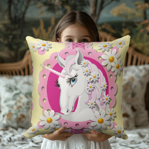 Retro Unicorns and Daisies Pattern on Yellow Throw Pillow