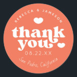 Retro Union Persimmon Orange Wedding Thank You Classic Round Sticker<br><div class="desc">Retro inspired font "Thank you" with hearts,  in editable colours for background and graphics.</div>