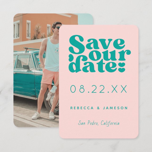 Retro Union Pink and Teal Wedding Save the Date Invitation (Front/Back)