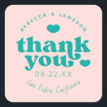 Retro Union Pink and Teal Wedding Thank You Square Sticker<br><div class="desc">Retro inspired font "Thank you" with hearts,  in editable colours for background and graphics.</div>