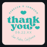 Retro Union Pink and Teal Wedding Thank You Square Sticker<br><div class="desc">Retro inspired font "Thank you" with hearts,  in editable colours for background and graphics.</div>