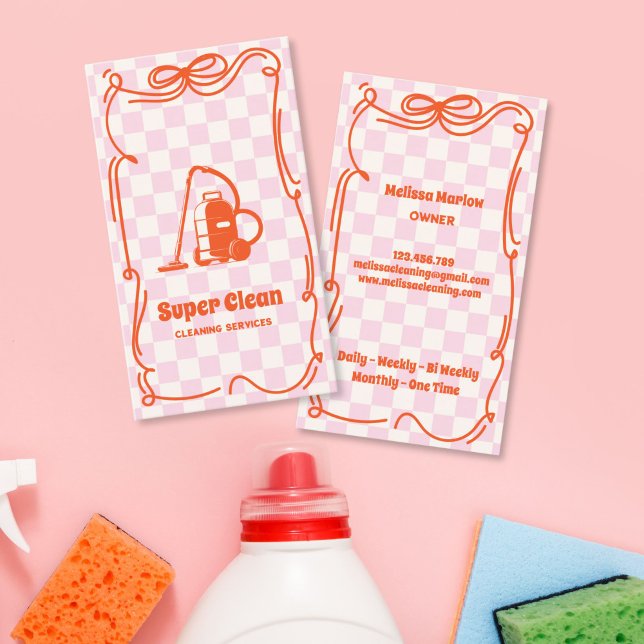 Retro Unique Maid House Cleaning Services Business Card (retro 70s vacuum cleaner red pink house cleaning business card)