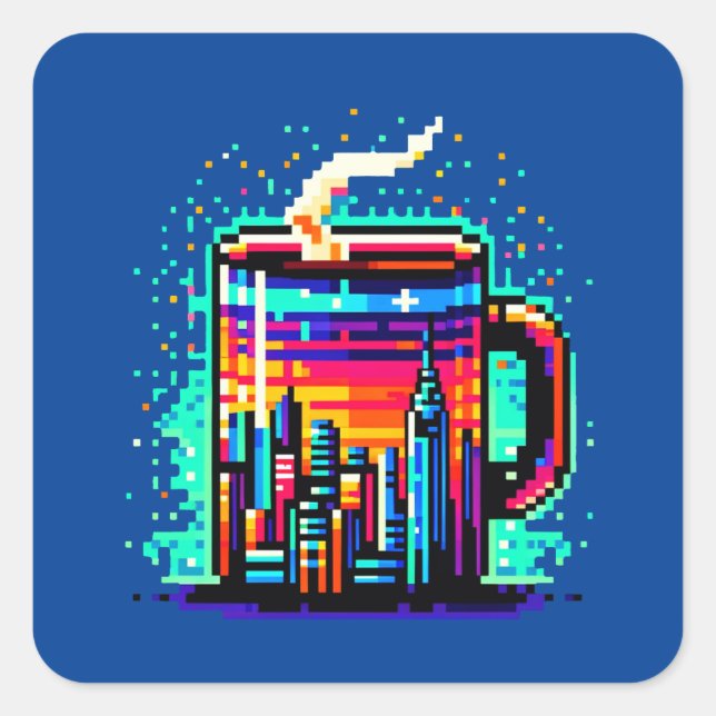 Retro Urban 8-Bit City Coffee Mug Square Sticker (Front)