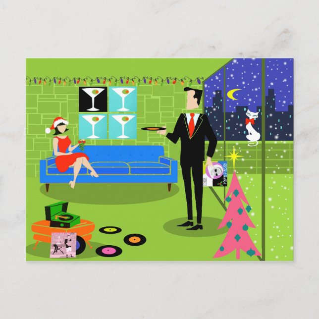 Retro Urban Christmas Couple Postcard (Front)