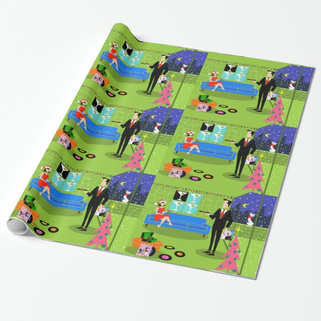 Retro Urban Christmas Couple Wrapping Paper (Unrolled)