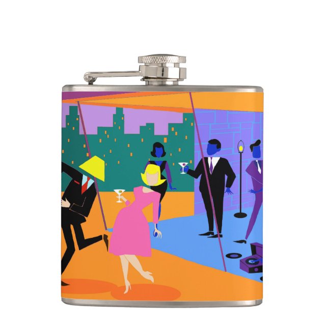 Retro Urban Rooftop Party Flask (Front)