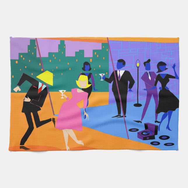 Retro Urban Rooftop Party Kitchen Towel (Horizontal)