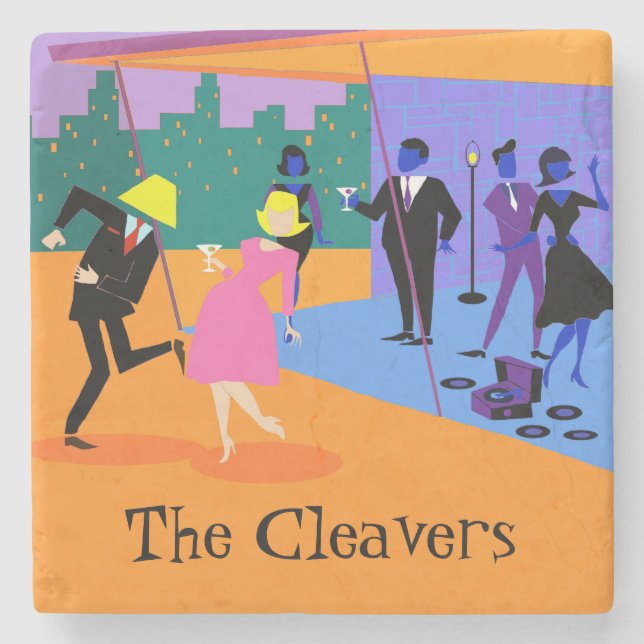 Retro Urban Rooftop Party Stone Coaster (Front)