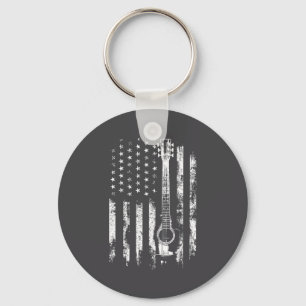 Retro Us Flag Acoustic Guitar Distressed Patriotic Keychain