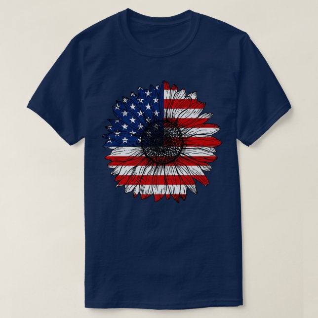 Retro US Flag Sunflower Lover Funny Patriotic 4th  T-Shirt (Design Front)