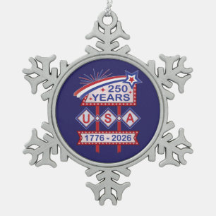 Retro USA 250th Anniversary Marquee Sign 1776-2026 Snowflake Pewter Christmas Ornament