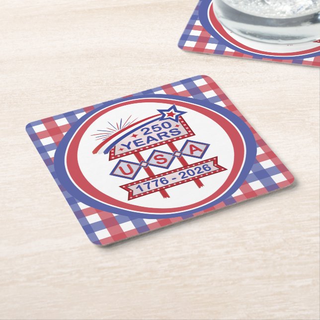 Retro USA 250th Anniversary Marquee Sign 1776-2026 Square Paper Coaster (Angled)
