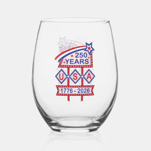 Retro USA 250th Anniversary Marquee Sign 1776-2026 Stemless Wine Glass