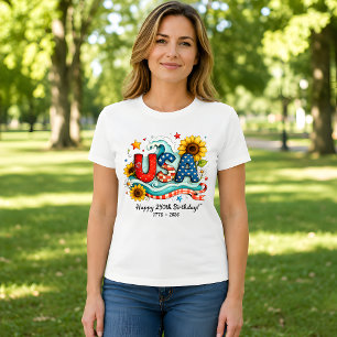 Retro USA 250th Birthday Sunflower & Wave Graphic T-Shirt