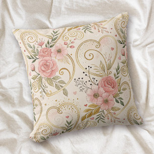 Retro Valentine Hearts and Roses Pattern Throw Pillow