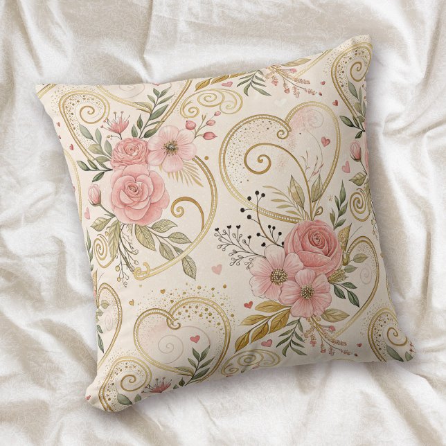 Retro Valentine Hearts and Roses Pattern Throw Pillow (Creator Uploaded)