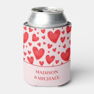 Retro Valentine Hearts Wedding Red Pink Can Cooler