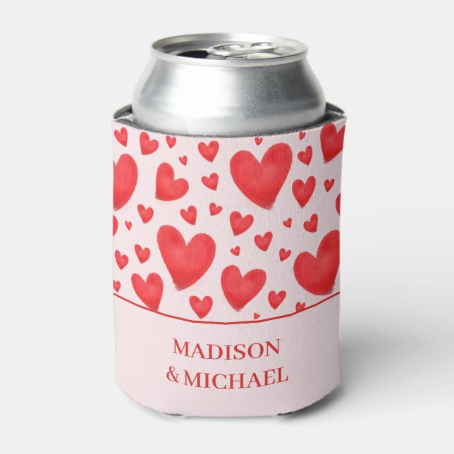 Retro Valentine Hearts Wedding Red Pink Can Cooler (Can Front)