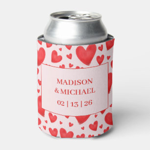 Retro Valentine Hearts Wedding Red Pink Can Cooler