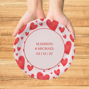 Retro Valentine Hearts Wedding Red Pink Paper Plate