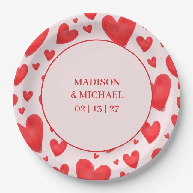 Retro Valentine Hearts Wedding Red Pink Paper Plate (Front)