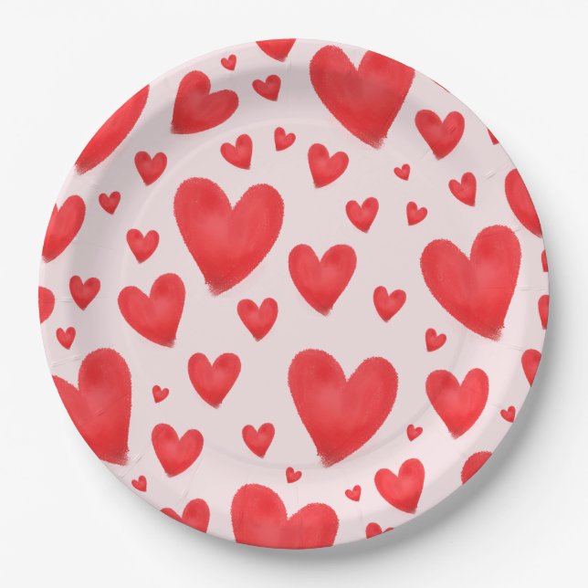 Retro Valentine Hearts Wedding Red Pink Paper Plate (Front)