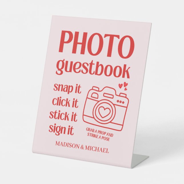 Retro Valentine Hearts Wedding Red Pink Pedestal Sign (Front)